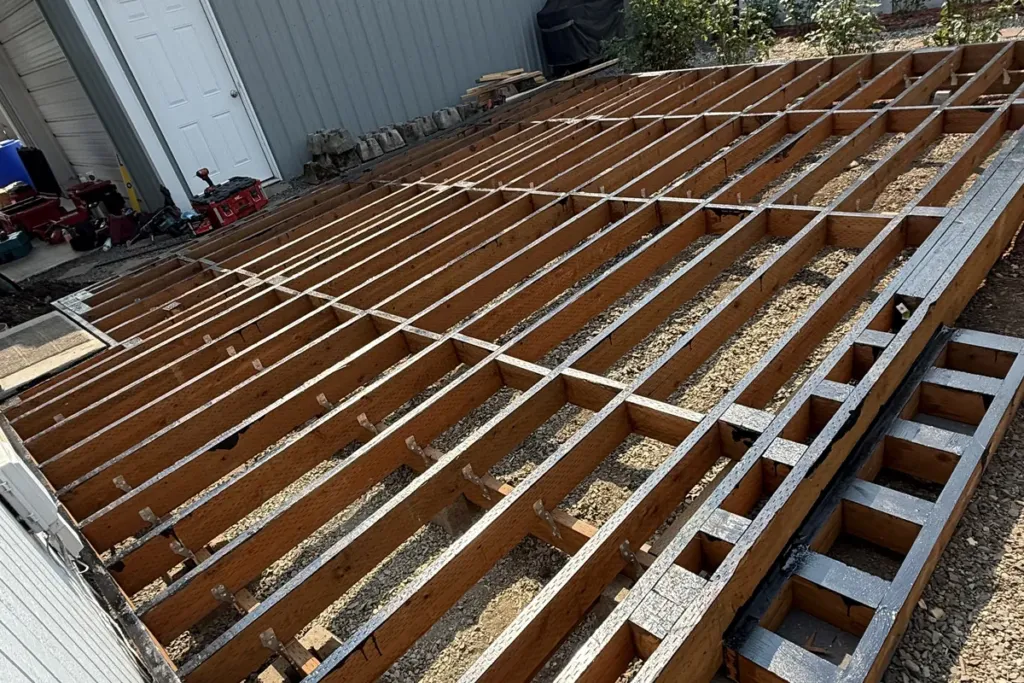 New pressure-treated deck framing with joist tape before composite decking is laid